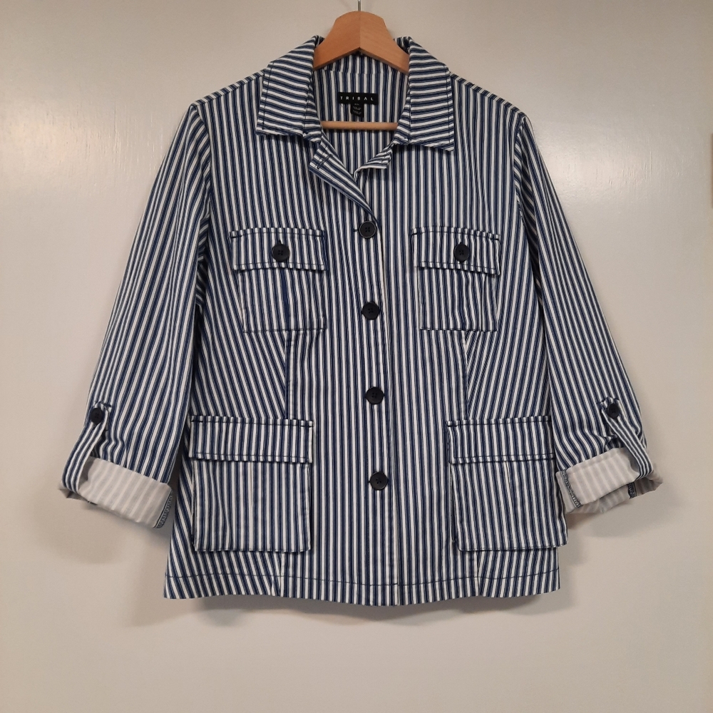Tribal Utility Jacket Sz L Button Front Roll Tab Sleeve Blue White Stripe